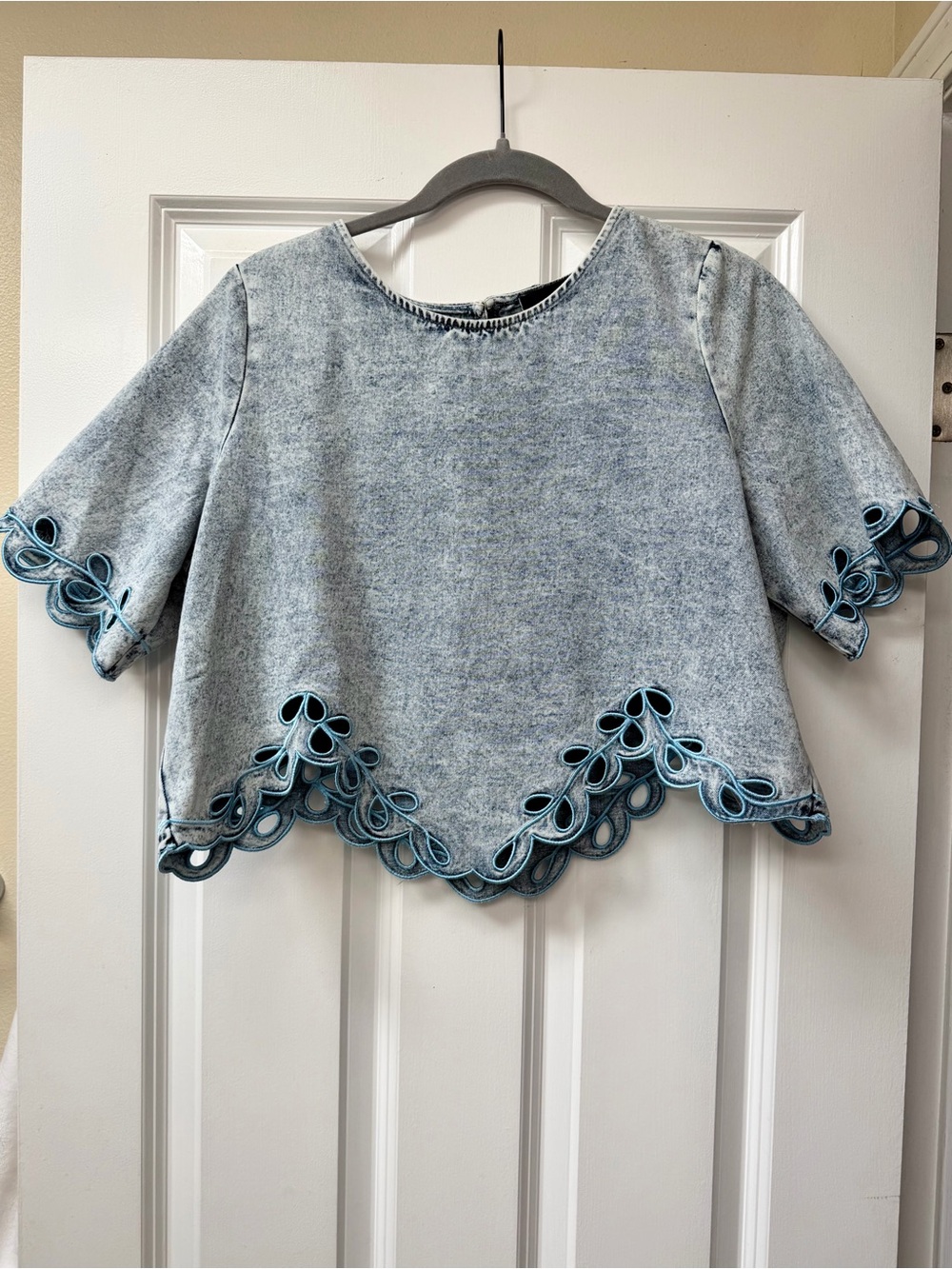 Vici Light Blue Scalloped Crop Top with Eyelet Trim
